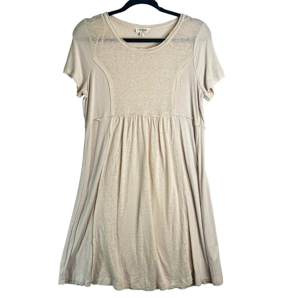 Umgee Babydoll Linen Blend Shirt Dress Cream Sz S Coastal Boho Flowy Beach Comfy